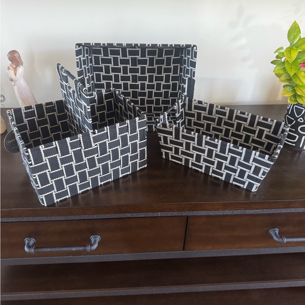 TRADEMARK BLACK WHITE COTTON STRAP/ ORGANIZERS  STORAGE BINS (3)